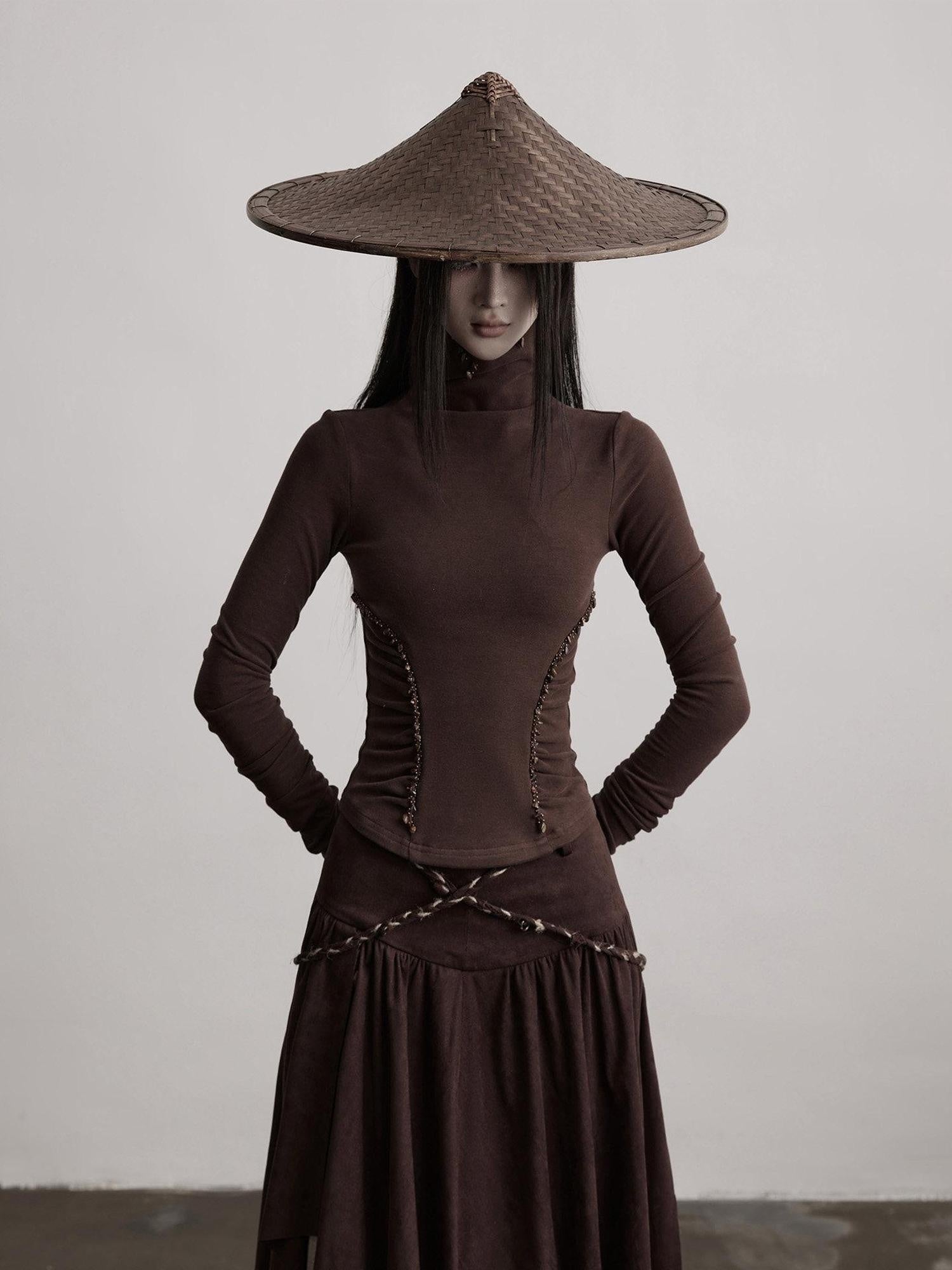 INDULGE Soft Stretch Cotton Blend Dark Edgy Slim Fit Womens Brown Long Sleeve T-Shirts
