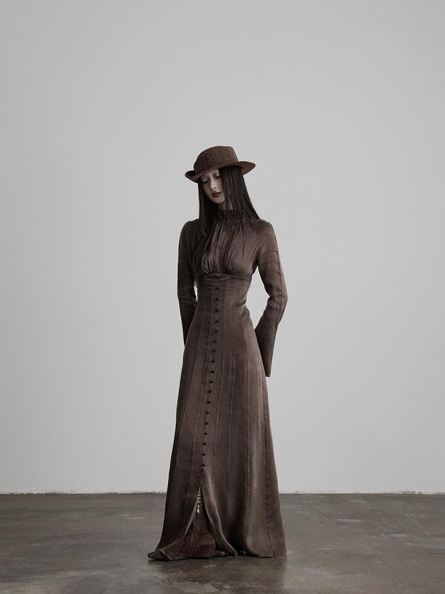 INDULGE Soft Structured Princess Cut Cinched Waist Lace Collar Bodycon Maxi Dresses