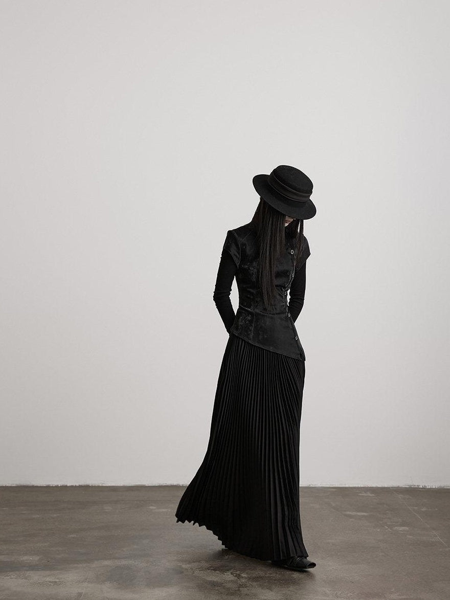 INDULGE Soft Waist Faux Two Piece Slim Hline Long Sleeve Black Women Casual Maxi Dresses