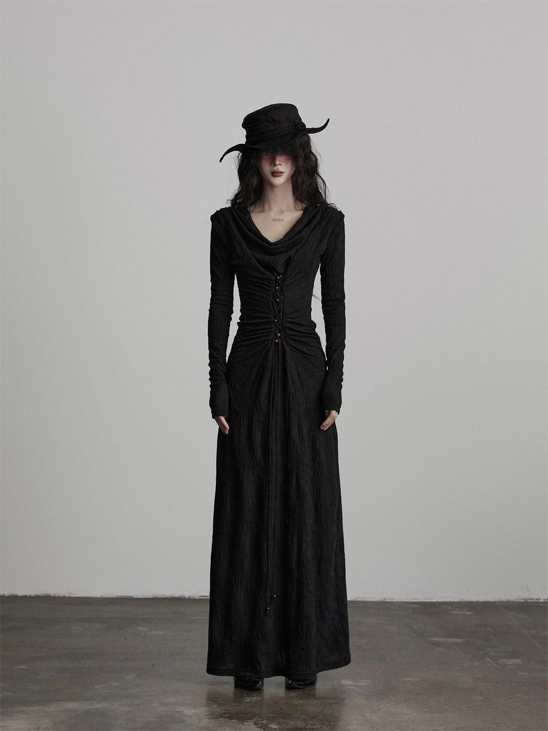 INDULGE Soft Wool Blend Patchwork Waist Cinch Drape Neck Black Women Casual Maxi Dresses
