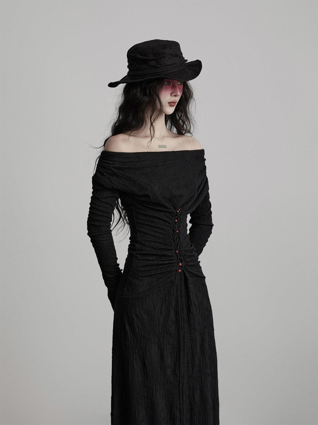 INDULGE Soft Wool Blend Patchwork Waist Cinch Drape Neck Black Women Casual Maxi Dresses