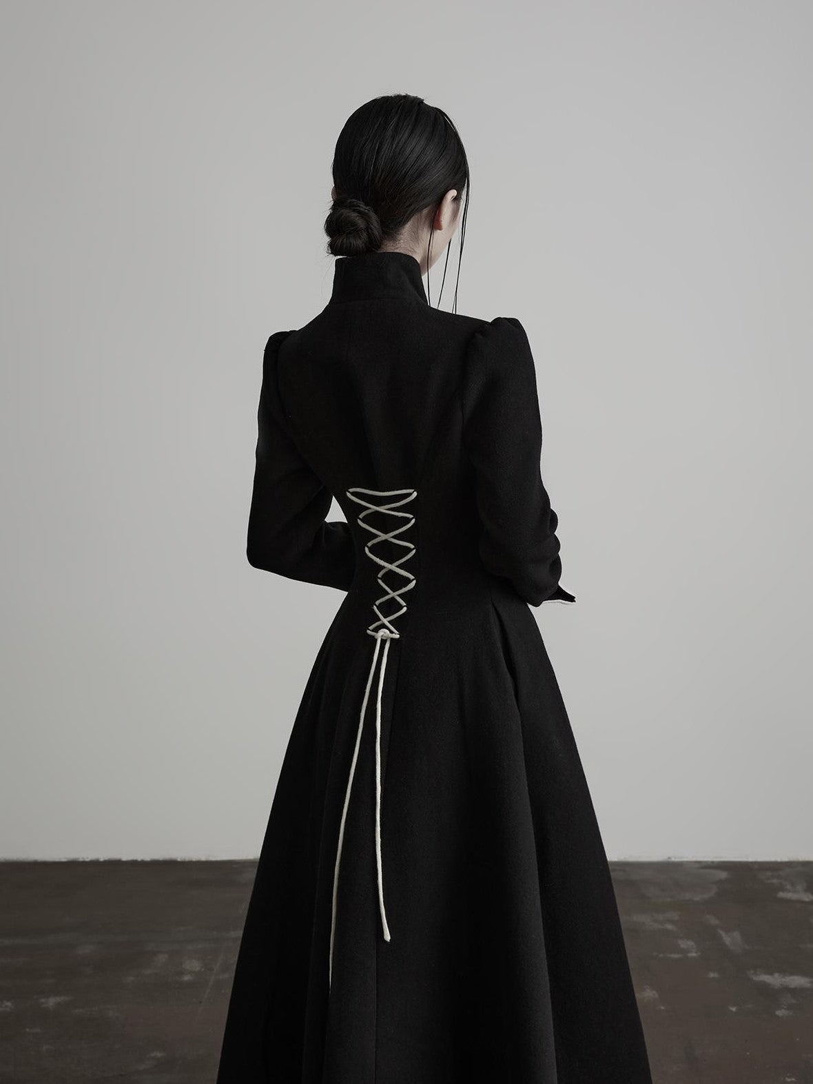 INDULGE Stand Collar Waist Cinch Back Tie Split Hem Women&