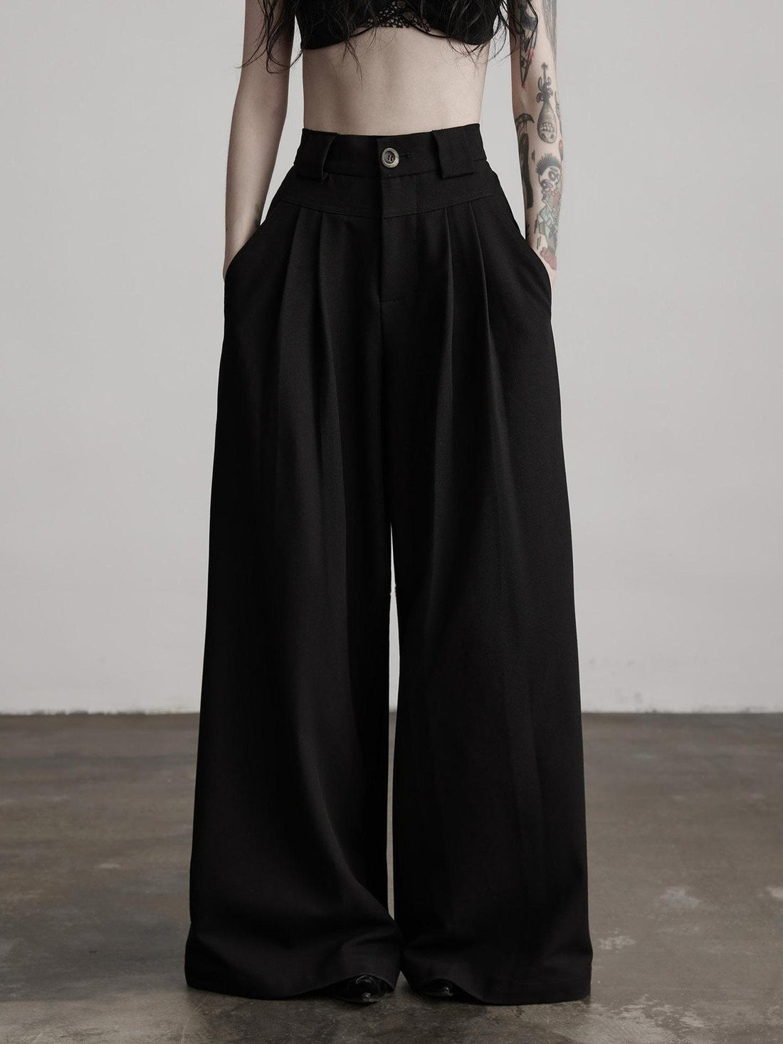 INDULGE Stretch Casual Loose Straight Pockets Natural Waist Women Black Wide-Leg Pants