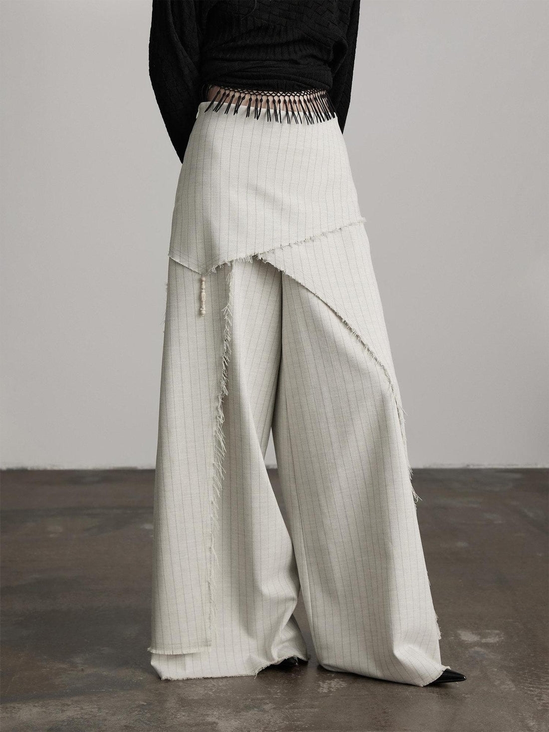 INDULGE Stretch Patchwork Striped Culotte Natural Waist Women Beige Wide-Leg Pants