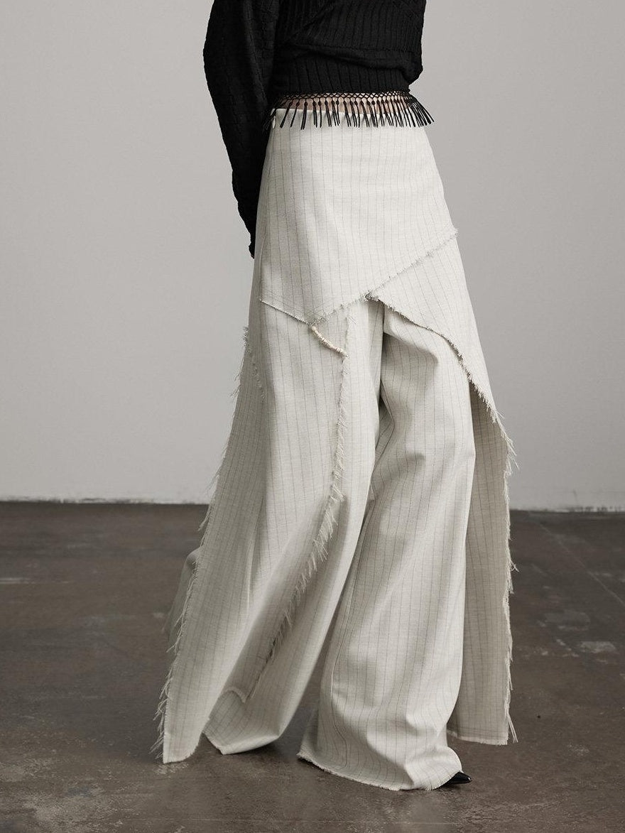 INDULGE Stretch Patchwork Striped Culotte Natural Waist Women Beige Wide-Leg Pants