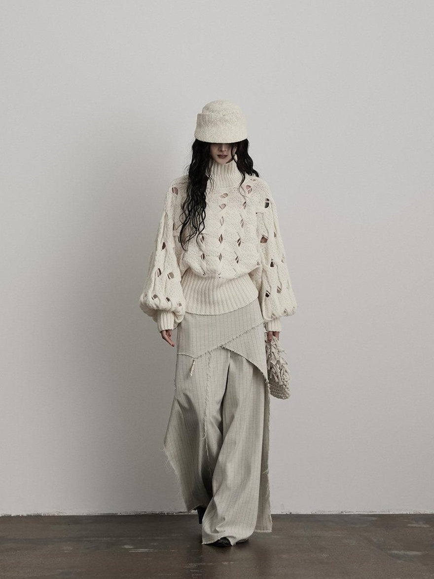 INDULGE Stretch Patchwork Striped Culotte Natural Waist Women Beige Wide-Leg Pants
