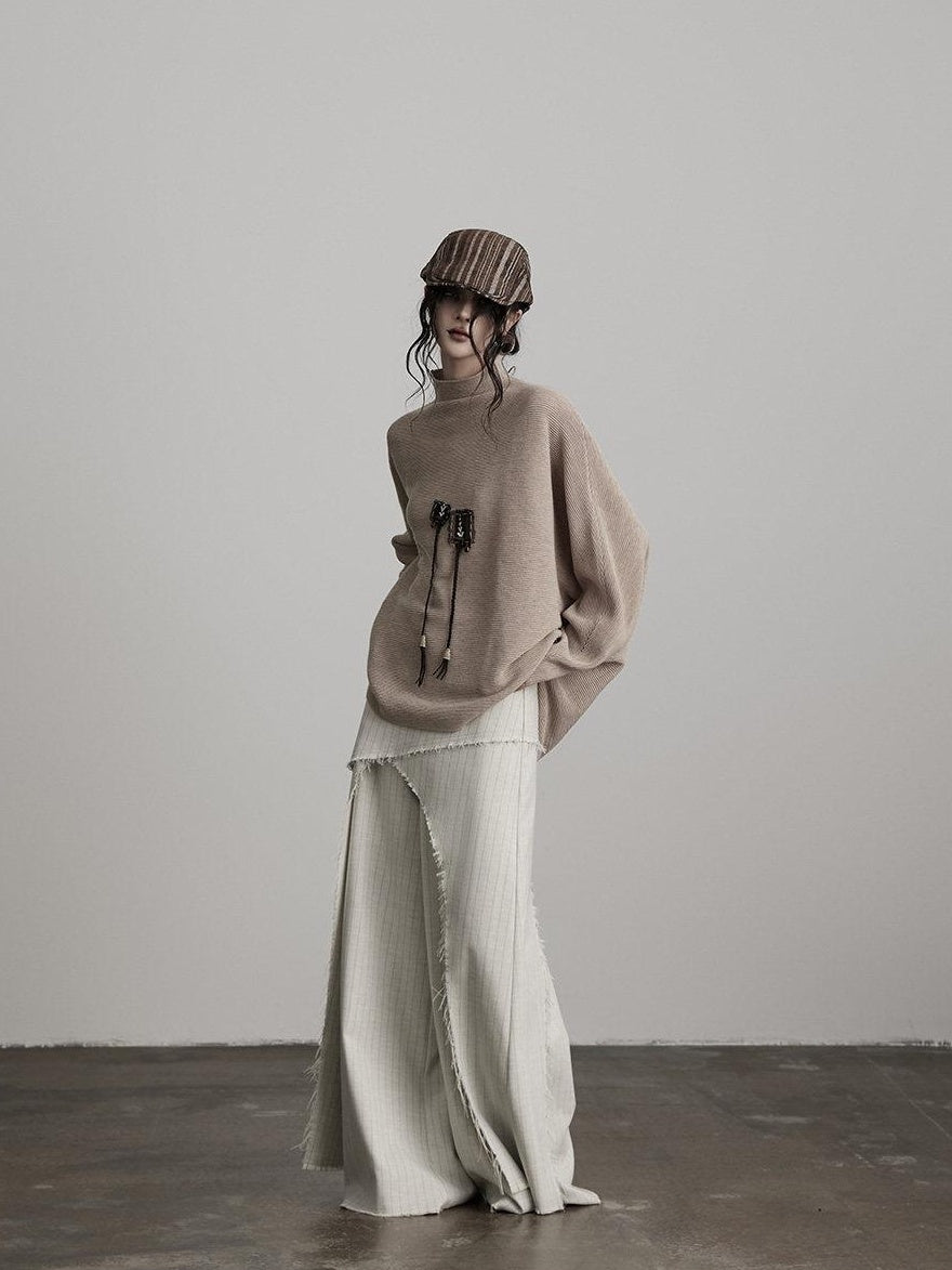 INDULGE Stretch Patchwork Striped Culotte Natural Waist Women Beige Wide-Leg Pants