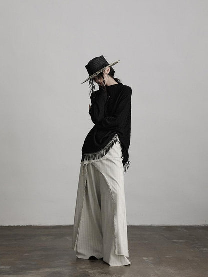 INDULGE Stretch Patchwork Striped Culotte Natural Waist Women Beige Wide-Leg Pants