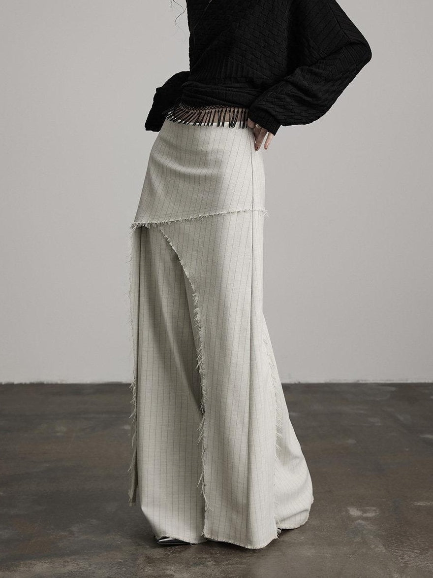 INDULGE Stretch Patchwork Striped Culotte Natural Waist Women Beige Wide-Leg Pants