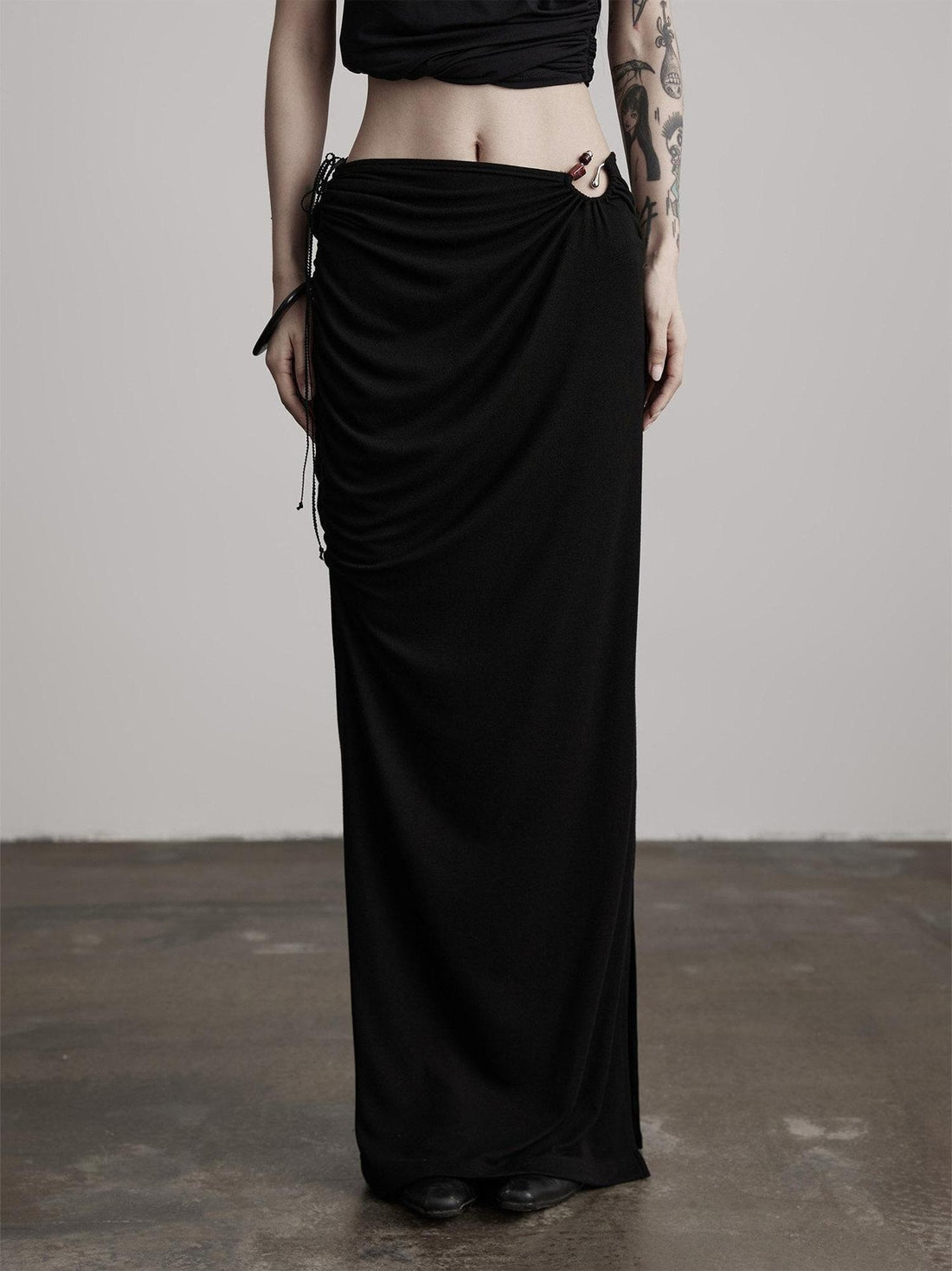 INDULGE Stretchy Modal Ruched Mid Waist Dark Gothic Slim Women Black Bodycon Skirts