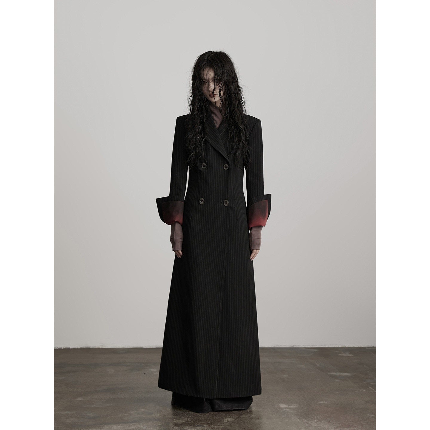INDULGE Striped Casual Double Breasted Mid Length Lapel Collar Women Black Trench Coats