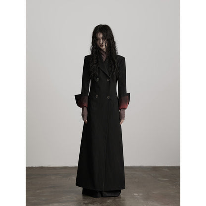 INDULGE Striped Casual Double Breasted Mid Length Lapel Collar Women Black Trench Coats
