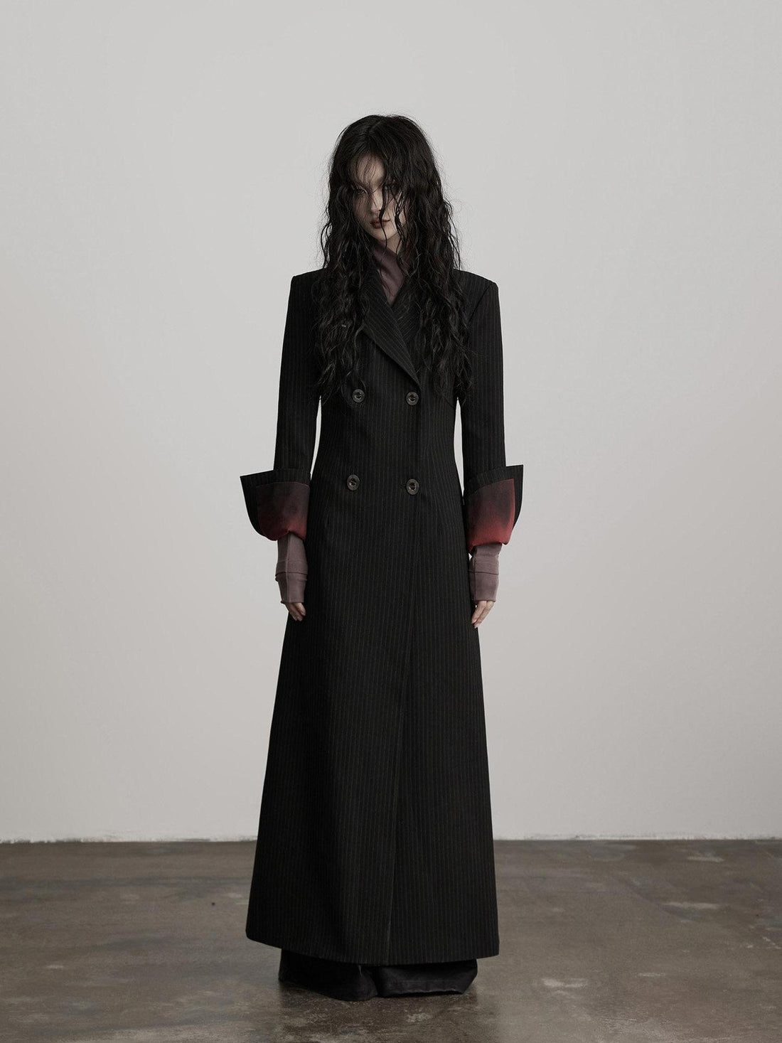 INDULGE Striped Casual Double Breasted Mid Length Lapel Collar Women Black Trench Coats