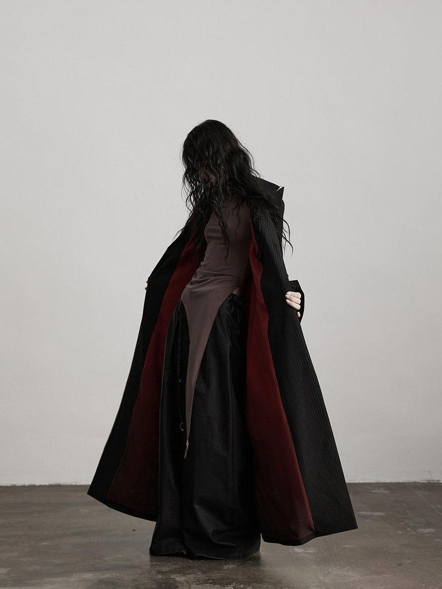 INDULGE Striped Casual Double Breasted Mid Length Lapel Collar Women Black Trench Coats