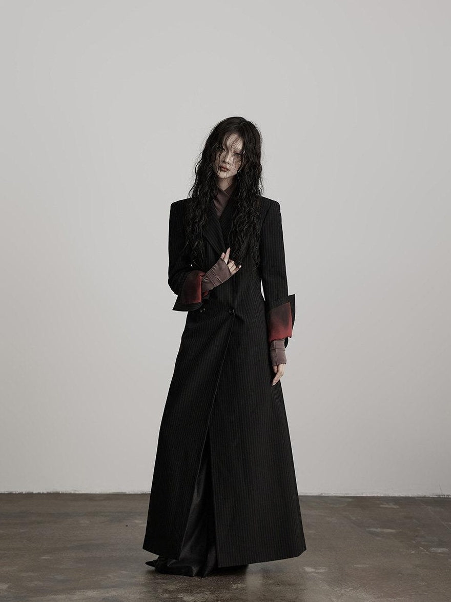 INDULGE Striped Casual Double Breasted Mid Length Lapel Collar Women Black Trench Coats