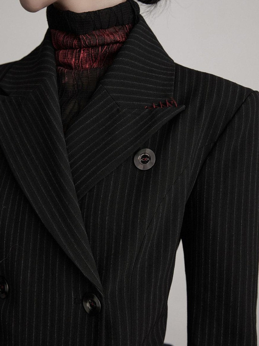 INDULGE Striped Casual Double Breasted Mid Length Lapel Collar Women Black Trench Coats
