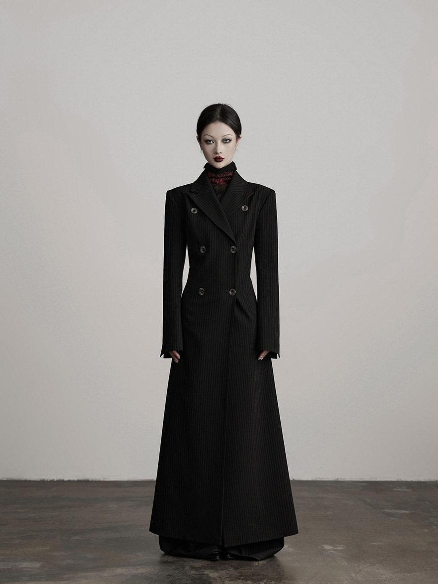 INDULGE Striped Casual Double Breasted Mid Length Lapel Collar Women Black Trench Coats
