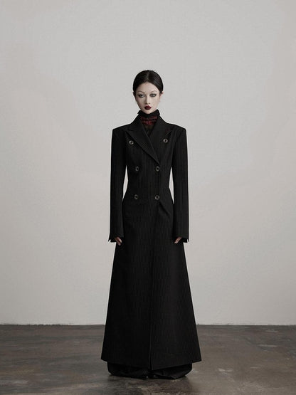 INDULGE Striped Casual Double Breasted Mid Length Lapel Collar Women Black Trench Coats
