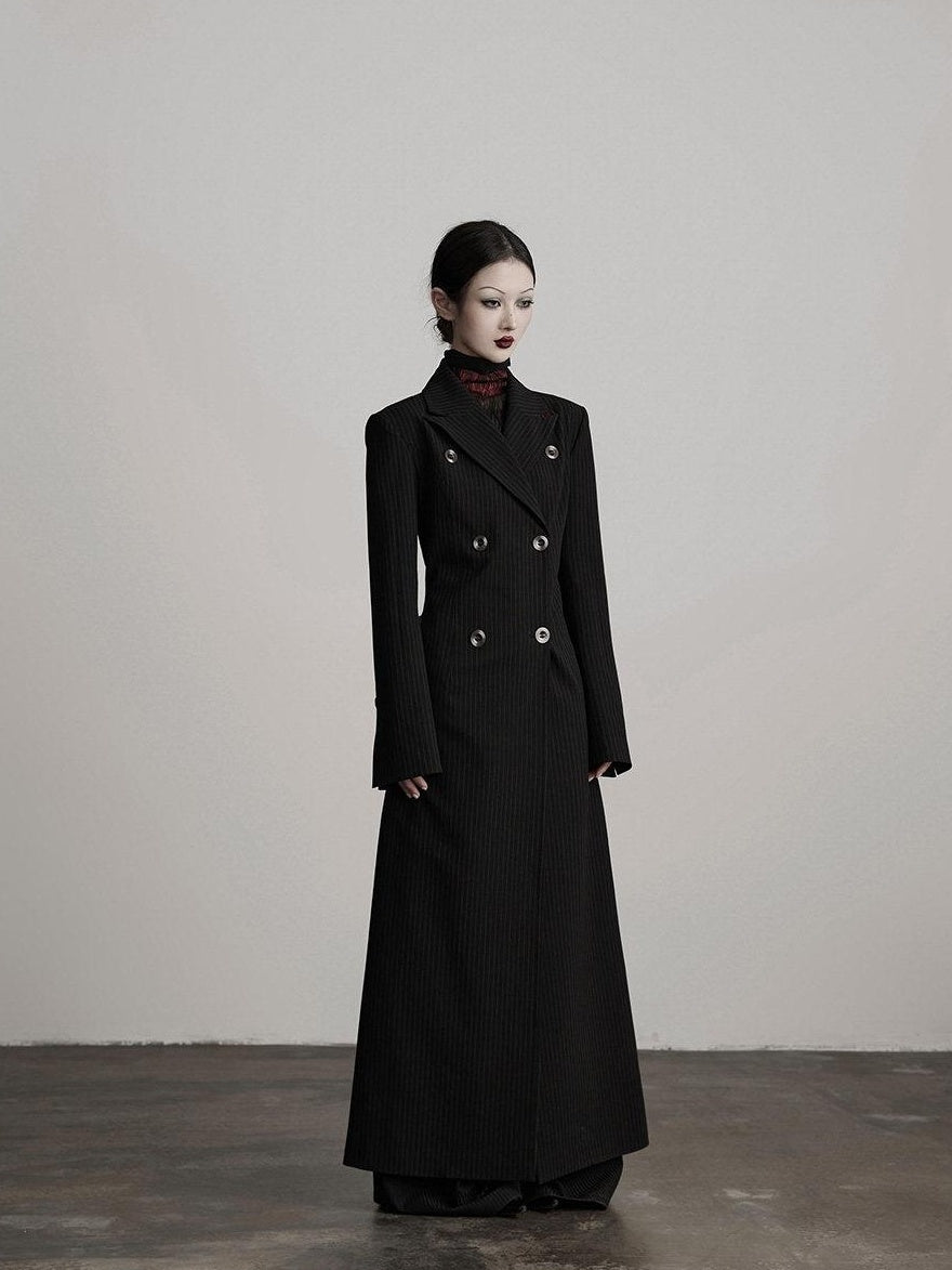 INDULGE Striped Casual Double Breasted Mid Length Lapel Collar Women Black Trench Coats