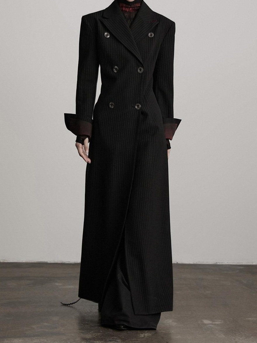 INDULGE Striped Casual Double Breasted Mid Length Lapel Collar Women Black Trench Coats