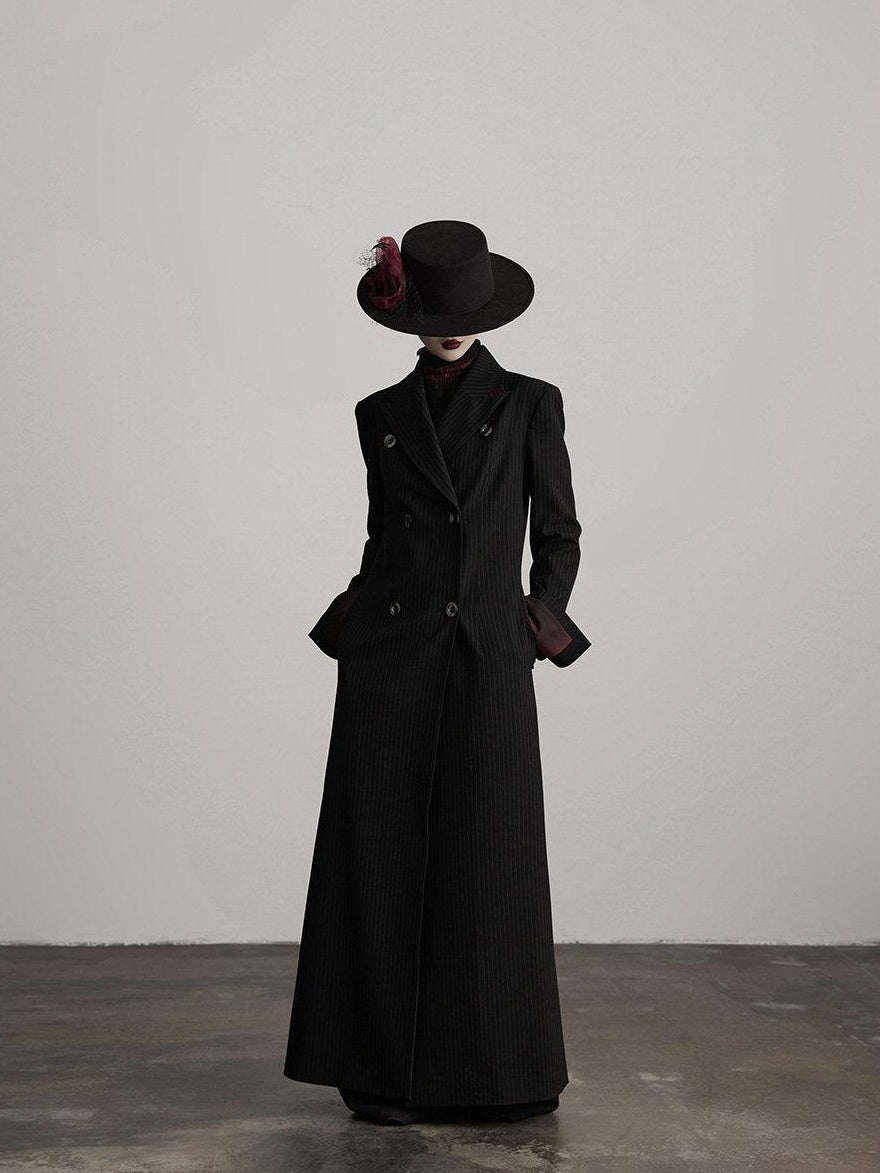 INDULGE Striped Casual Double Breasted Mid Length Lapel Collar Women Black Trench Coats
