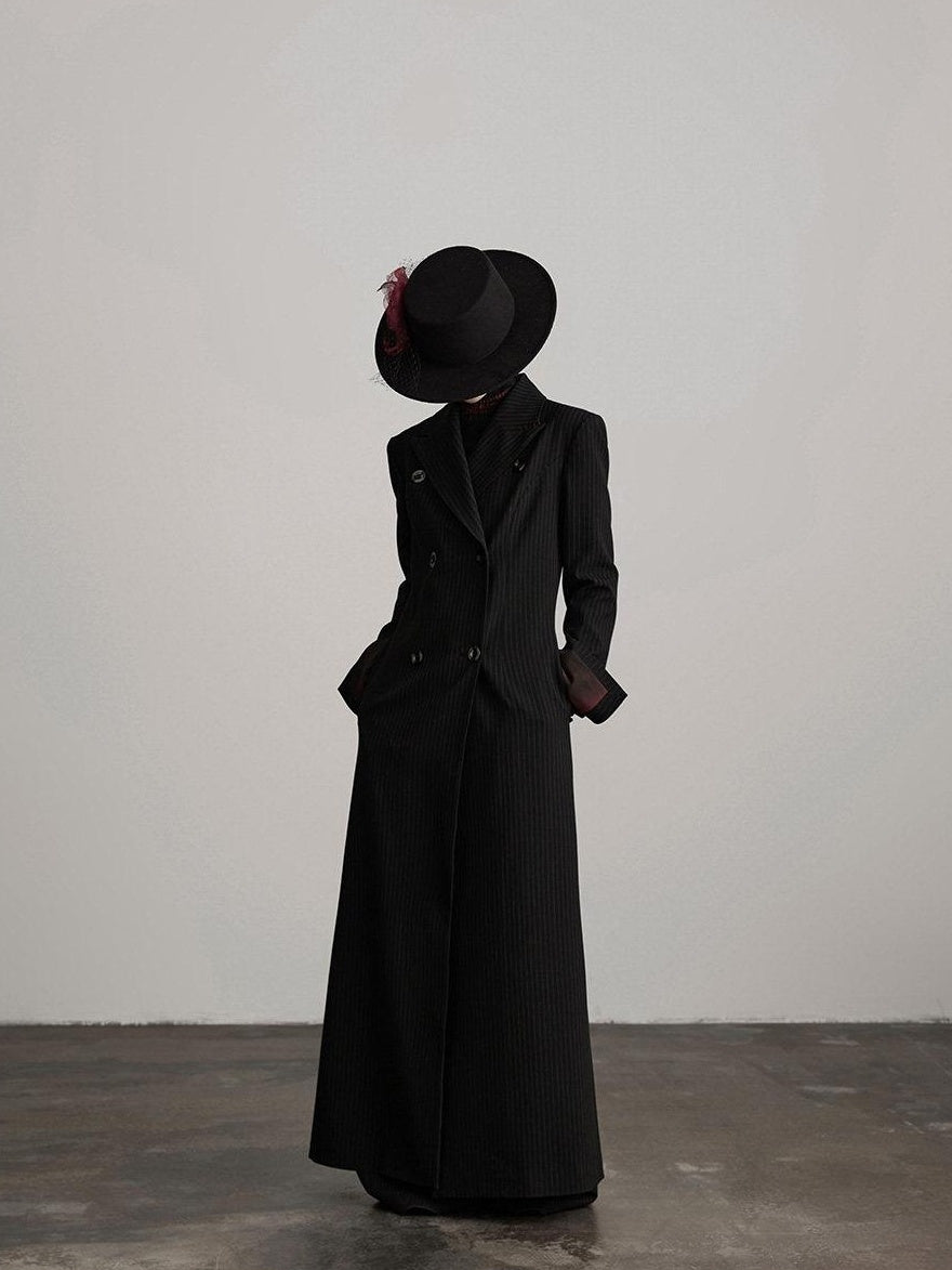 INDULGE Striped Casual Double Breasted Mid Length Lapel Collar Women Black Trench Coats