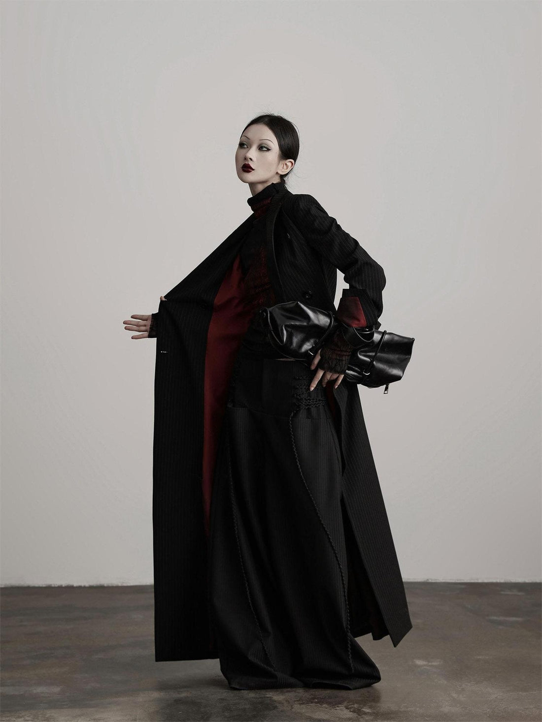 INDULGE Striped Casual Double Breasted Mid Length Lapel Collar Women Black Trench Coats