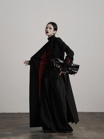 INDULGE Striped Casual Double Breasted Mid Length Lapel Collar Women Black Trench Coats