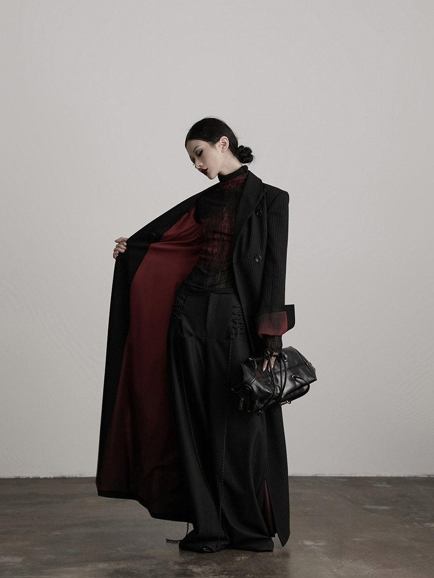 INDULGE Striped Casual Double Breasted Mid Length Lapel Collar Women Black Trench Coats