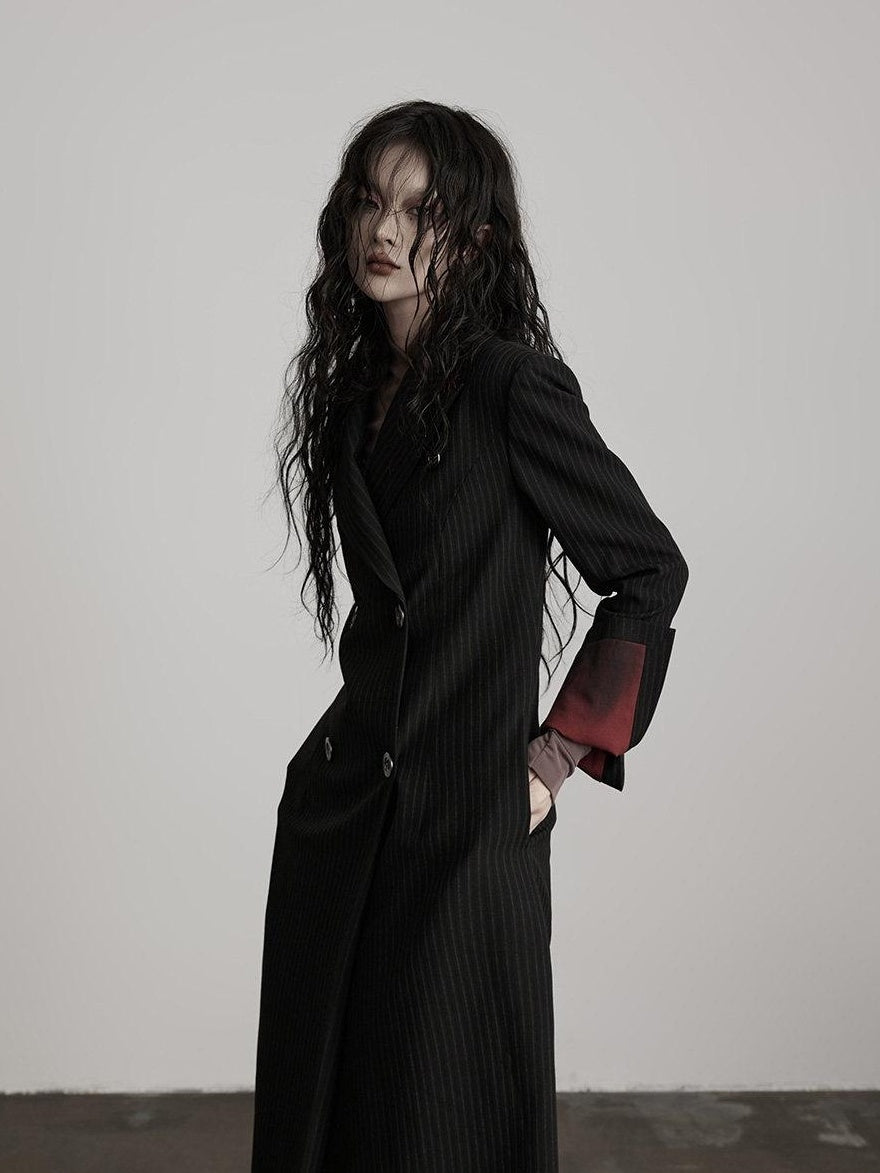 INDULGE Striped Casual Double Breasted Mid Length Lapel Collar Women Black Trench Coats