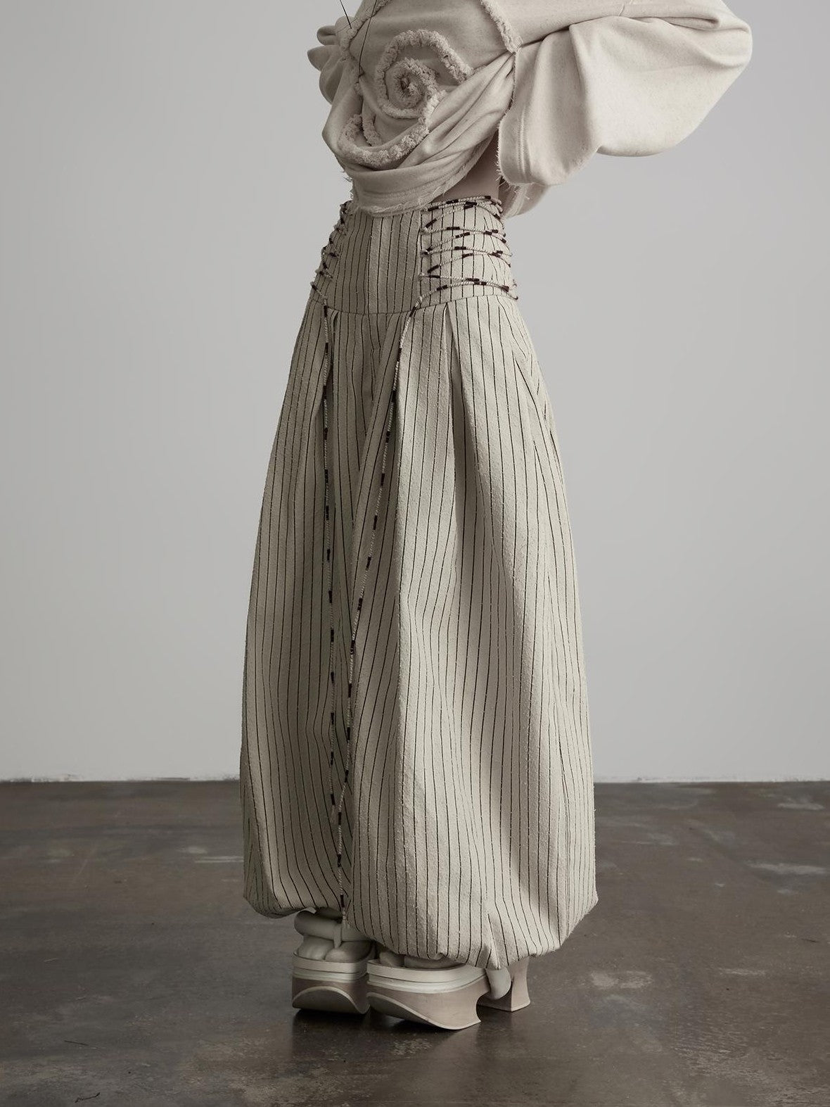INDULGE Striped Distressed Drawstring Wide Leg 3d Cut Women&