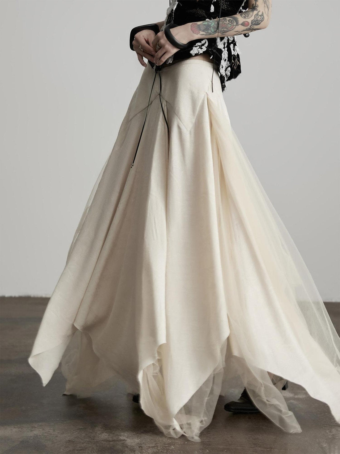 INDULGE Tassel Patchwork Palace Aline Mid Waist Women Off White Maxi Skirts