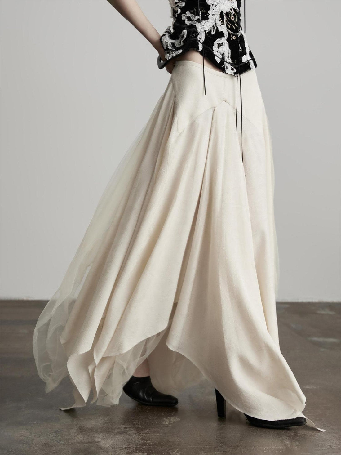 INDULGE Tassel Patchwork Palace Aline Mid Waist Women Off White Maxi Skirts