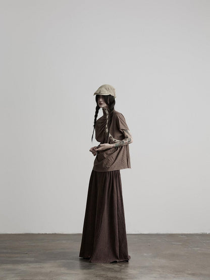 INDULGE Tencel Pleated Slant Placket Mock Neck Women&