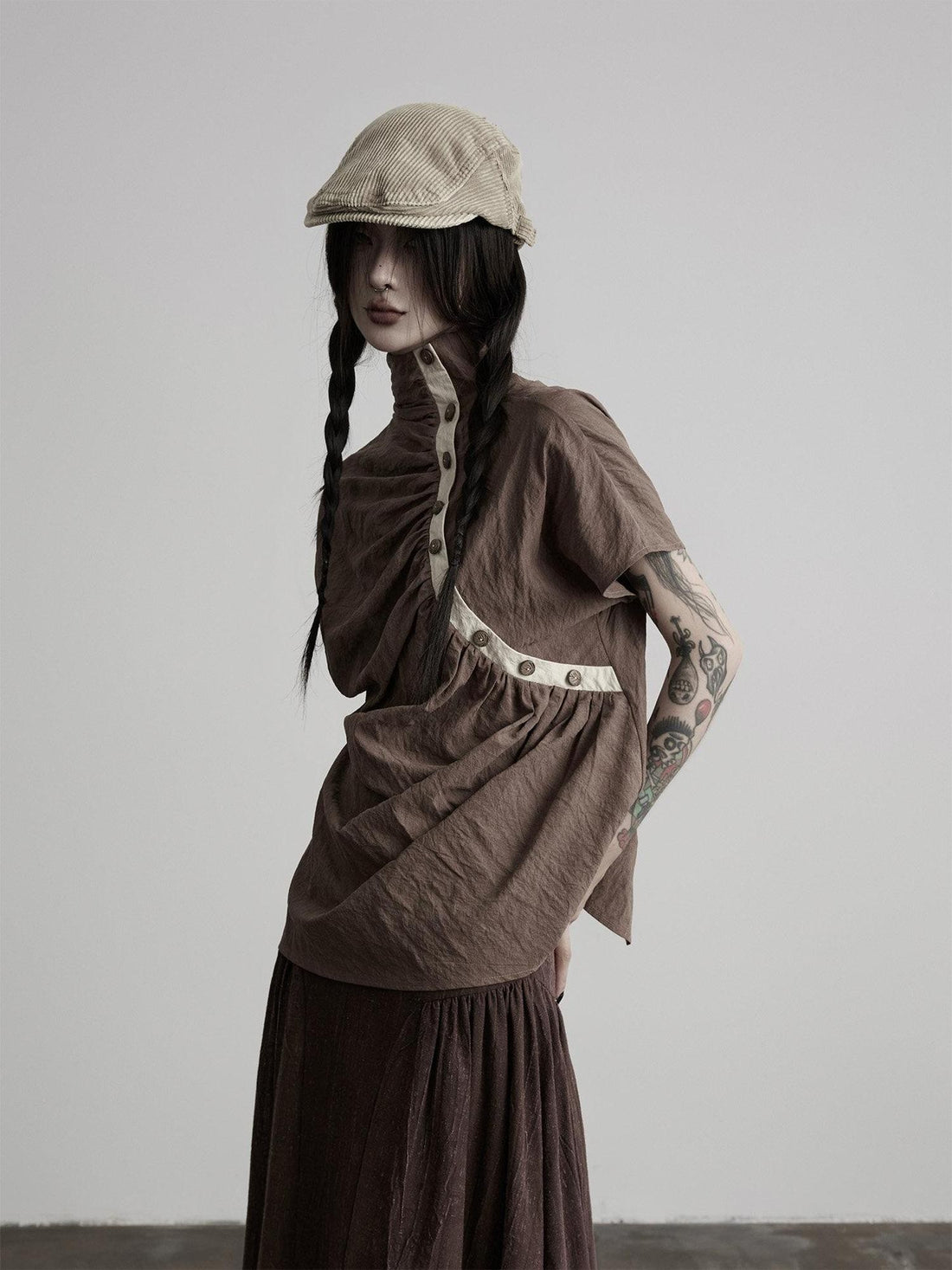 INDULGE Tencel Pleated Slant Placket Mock Neck Women&