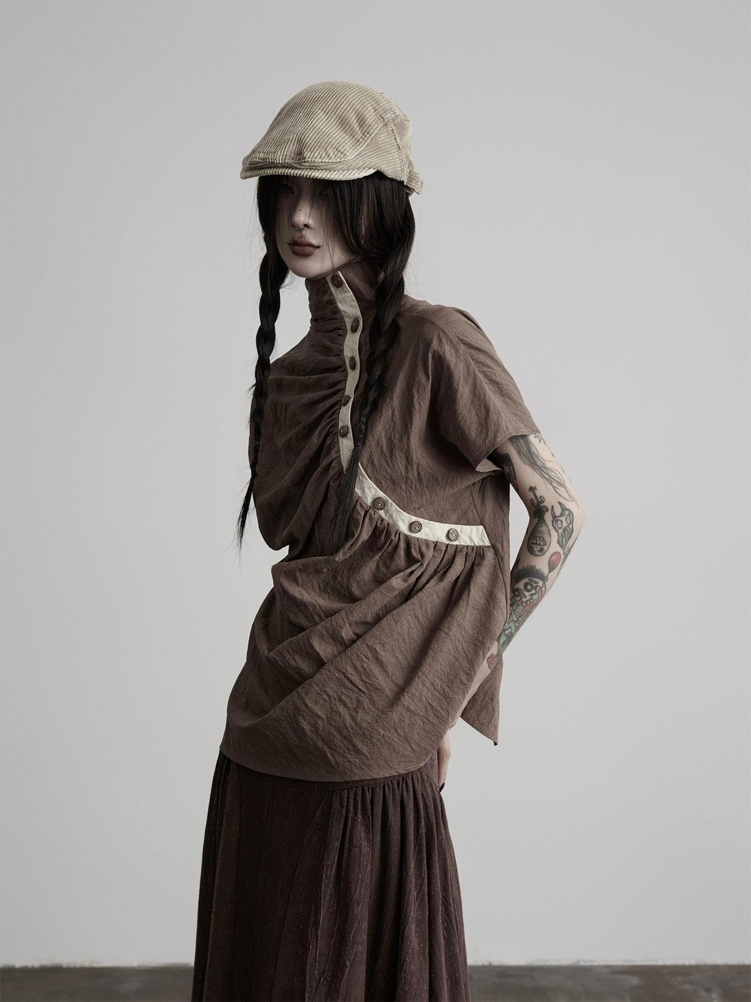 INDULGE Tencel Pleated Slant Placket Mock Neck Women&