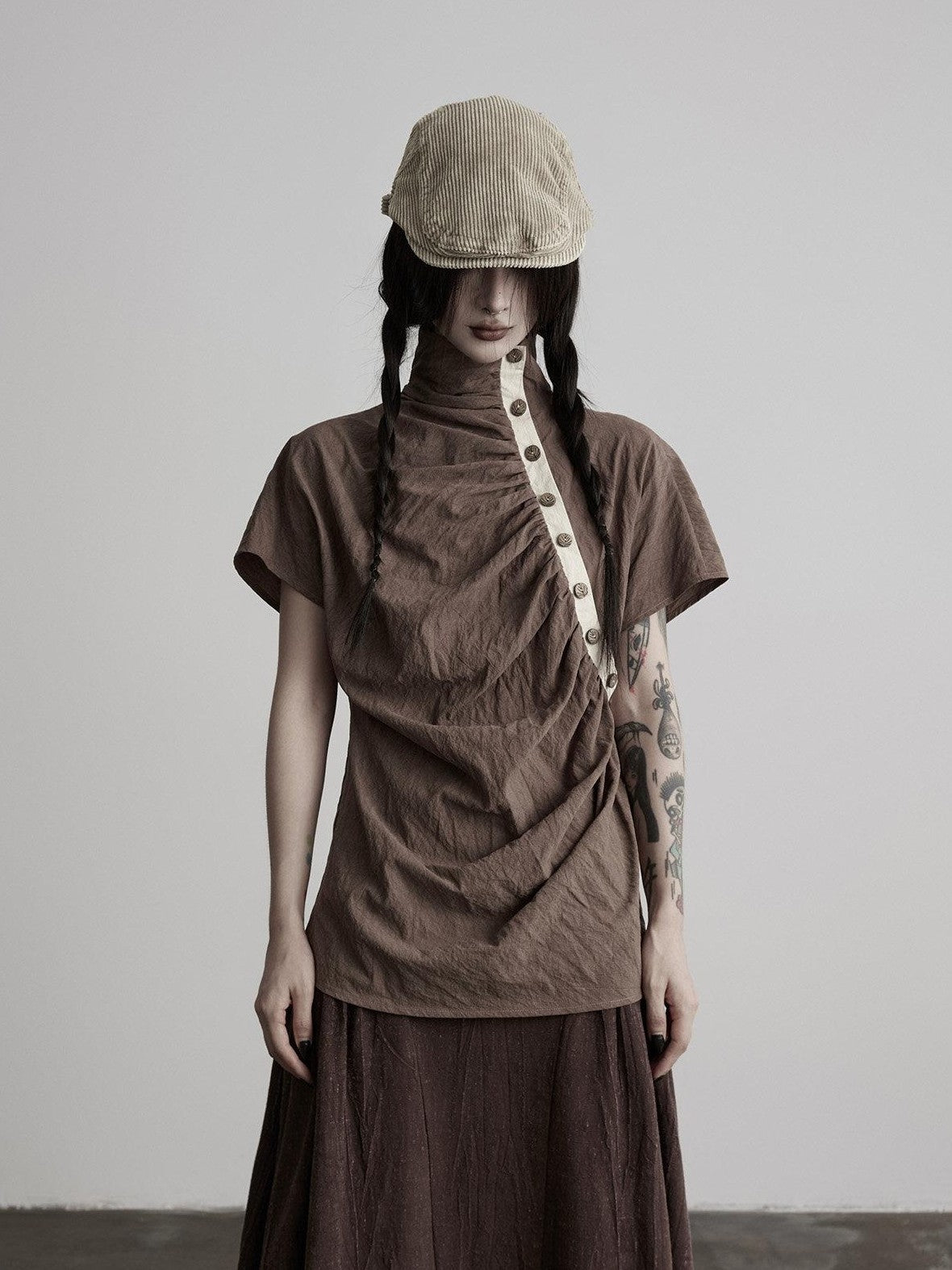 INDULGE Tencel Pleated Slant Placket Mock Neck Women&