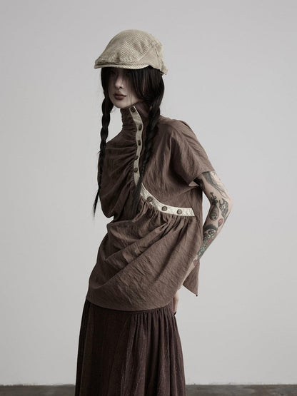 INDULGE Tencel Pleated Slant Placket Mock Neck Women&