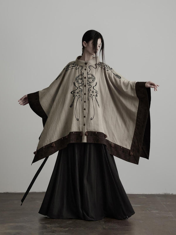 Tribal Embroidered Two Way Oversized Women's Linen Cape Coats