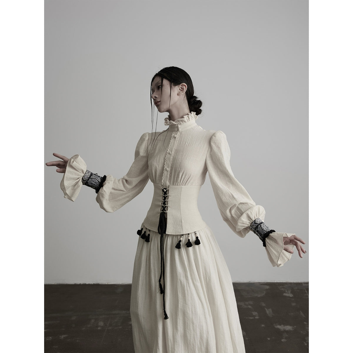 INDULGE_Vintage_Ruffled_Lace_Neck_Cinched_Waist_Long_Sleeve_Pure_Cotton_Women&