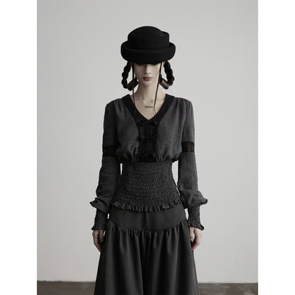 INDULGE_Vintage_Woven_V-neck_Frog_Button_Cinched_Waist_Women&
