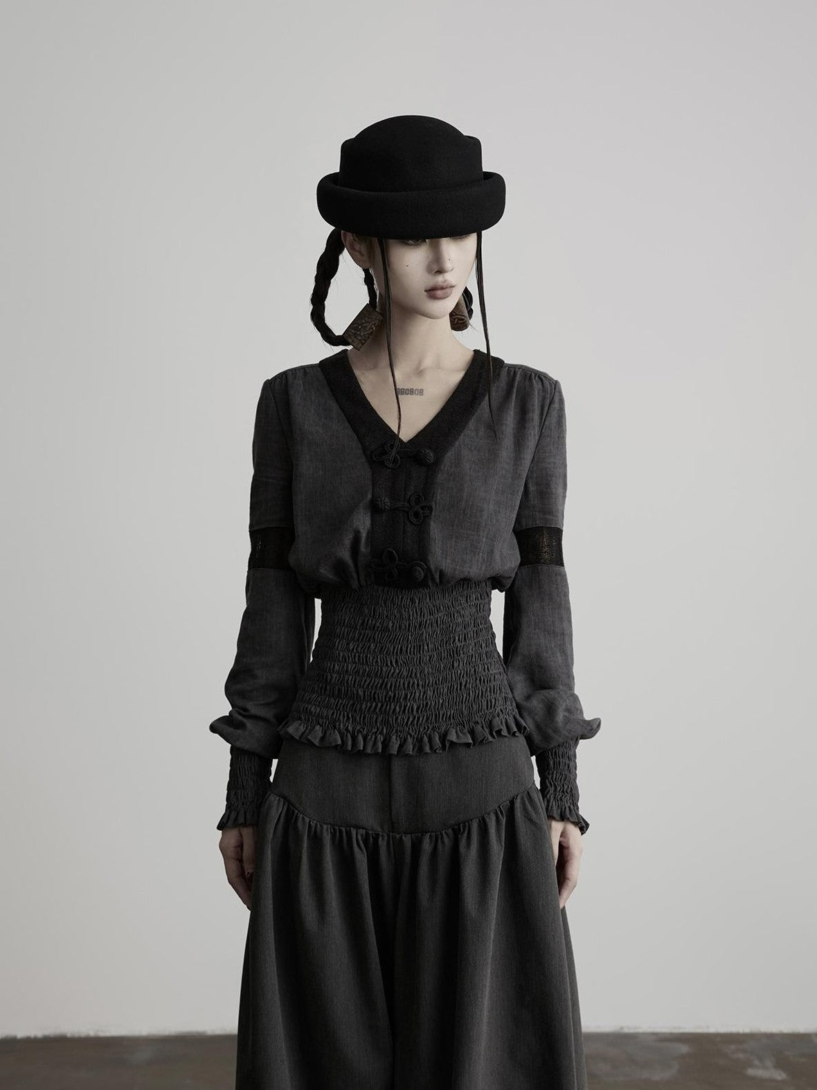 INDULGE Vintage Woven V-neck Frog Button Cinched Waist Women&