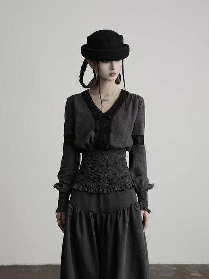 INDULGE Vintage Woven V-neck Frog Button Cinched Waist Women&