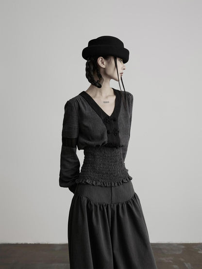 INDULGE Vintage Woven V-neck Frog Button Cinched Waist Women&