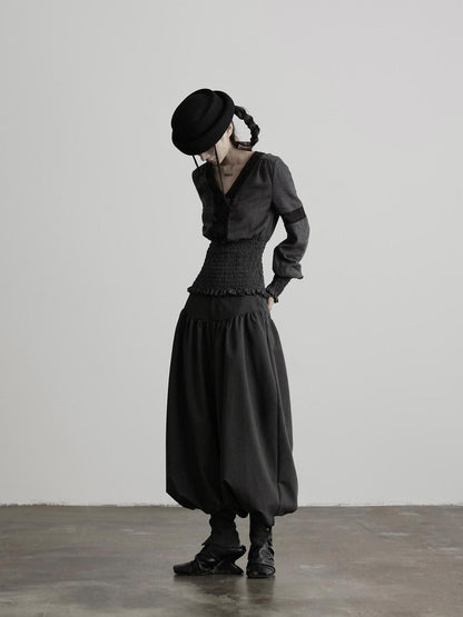 INDULGE Vintage Woven V-neck Frog Button Cinched Waist Women&