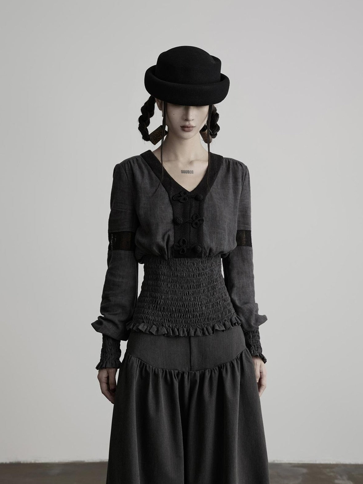 INDULGE Vintage Woven V-neck Frog Button Cinched Waist Women&
