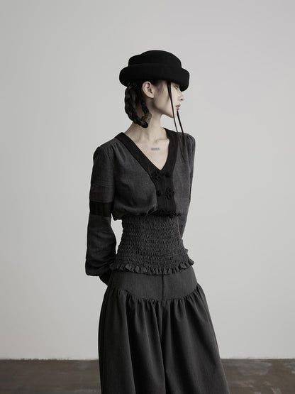 INDULGE Vintage Woven V-neck Frog Button Cinched Waist Women&