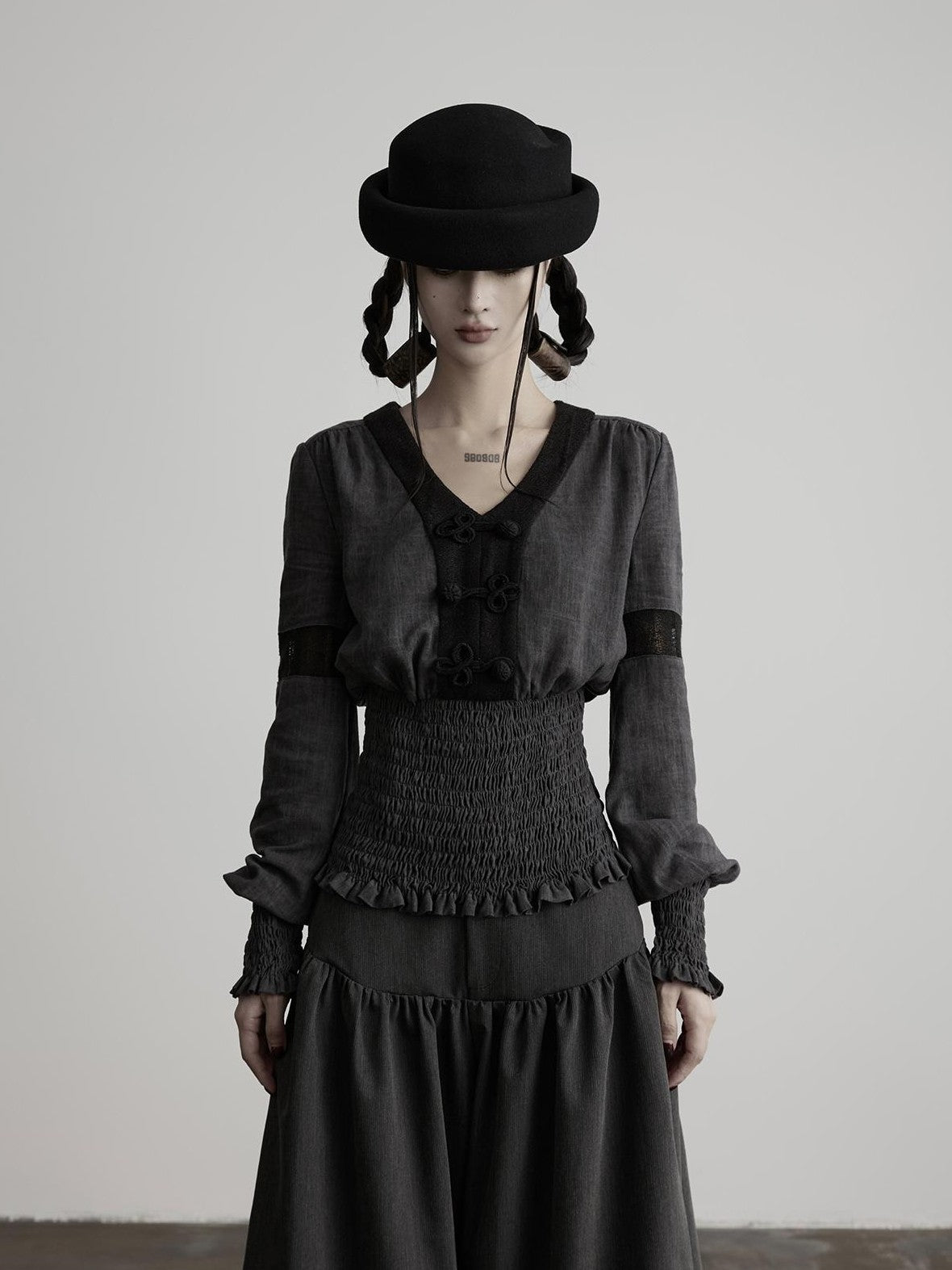 INDULGE Vintage Woven V-neck Frog Button Cinched Waist Women&