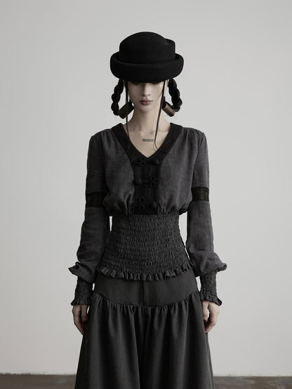 INDULGE Vintage Woven V-neck Frog Button Cinched Waist Women&