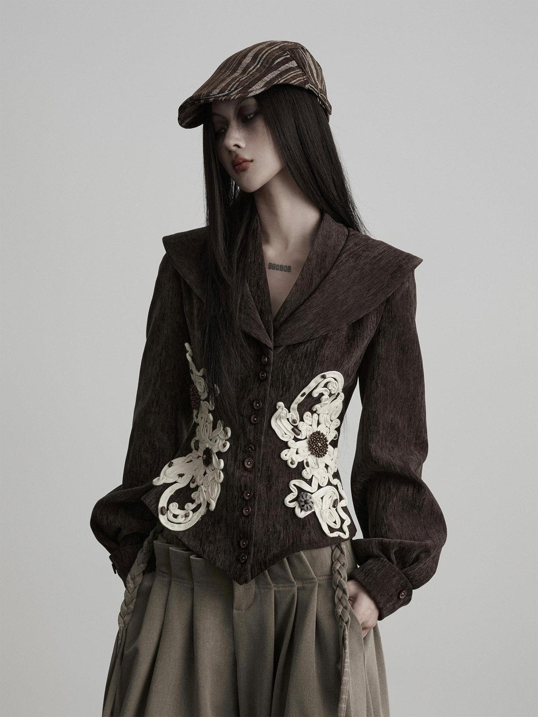 INDULGE Waist Cinched Casual Button Lapel Sleeve Stretch Women Brown Cropped Jackets